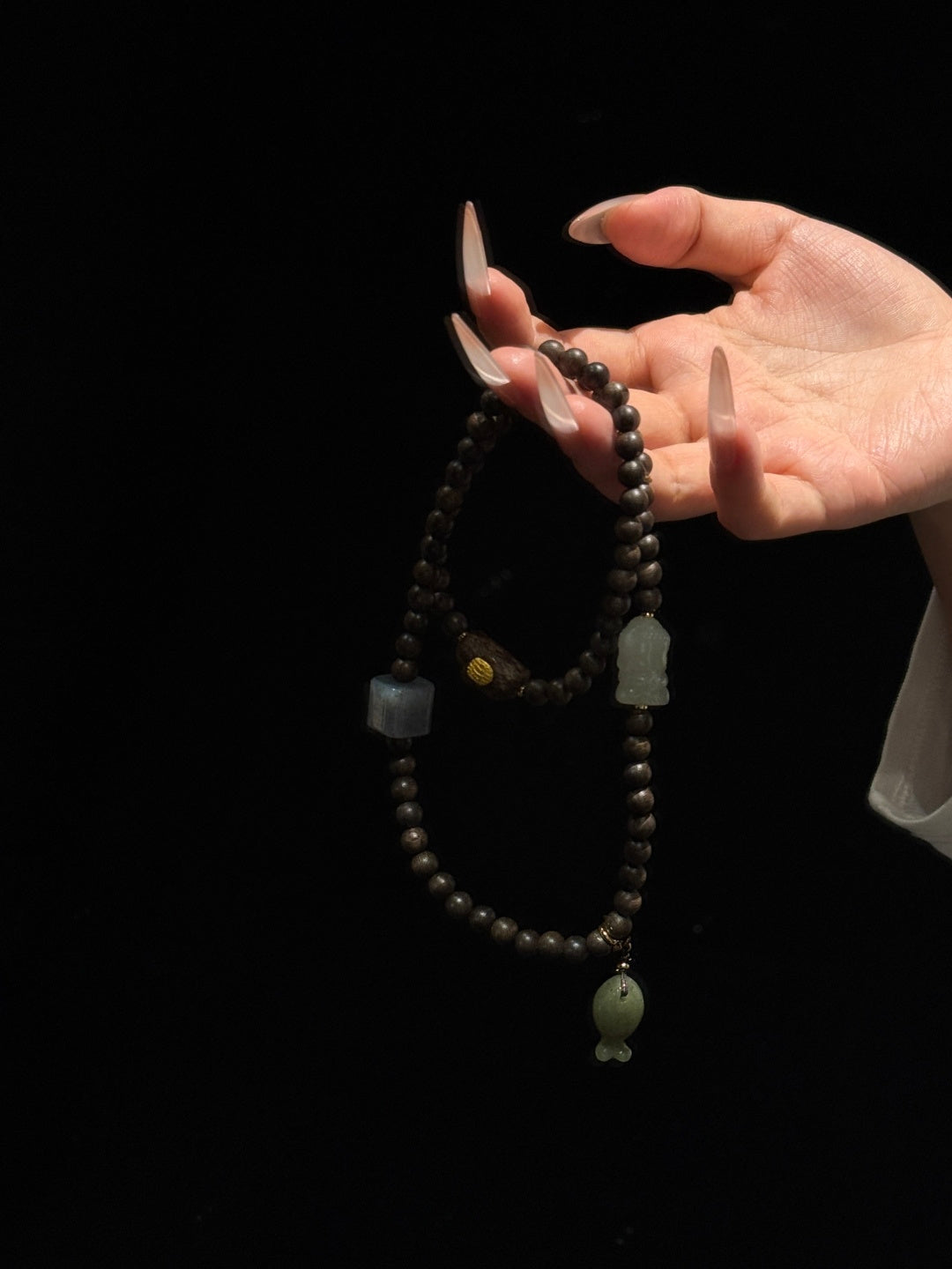 Agarwood Mala Bracelet with Hetian Jade &amp; Five-Direction Mantra Bead — A Wish for Inner Peace and Abundance