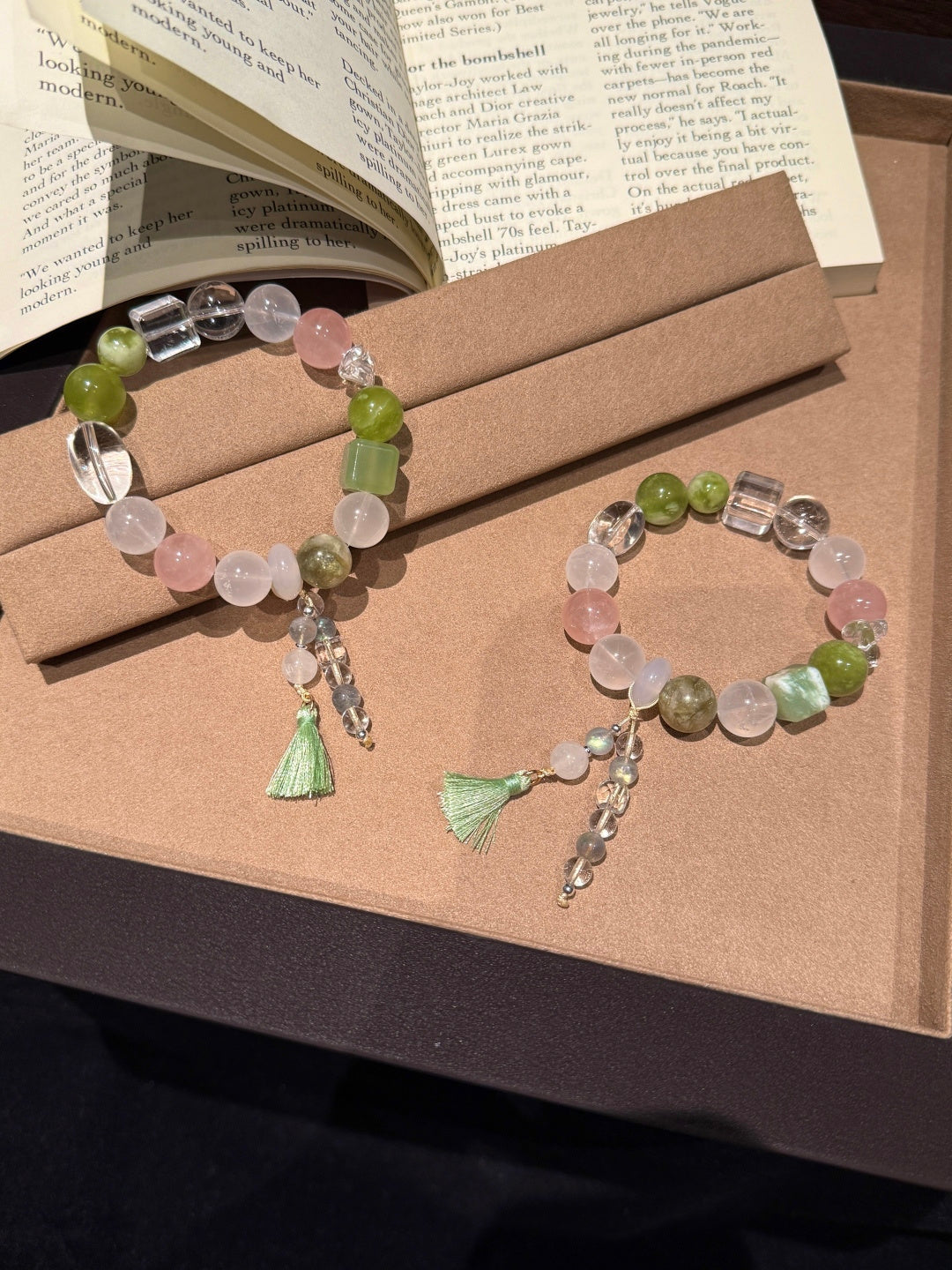 Multi-Gemstone Beaded Bracelet with Rose Quartz, Green Grape Jade &amp; White Phantom Quartz — A Wish for Purity and Gentle Love