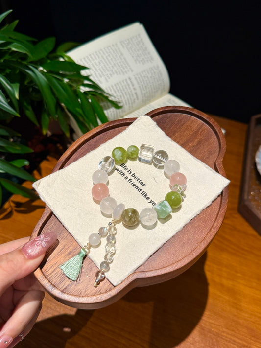 Multi-Gemstone Beaded Bracelet with Rose Quartz, Green Grape Jade &amp; White Phantom Quartz — A Wish for Purity and Gentle Love
