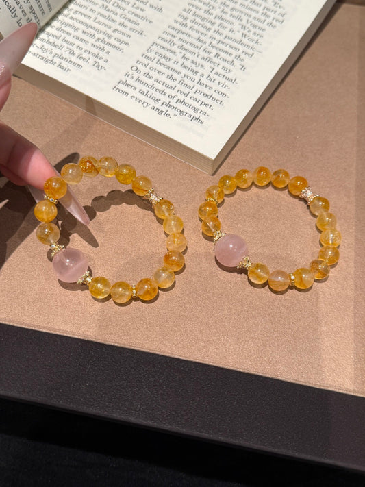 Yellow Hematoid Quartz &amp; Rose Quartz Beaded Bracelet — A Wish for Golden Vitality and Gentle Love