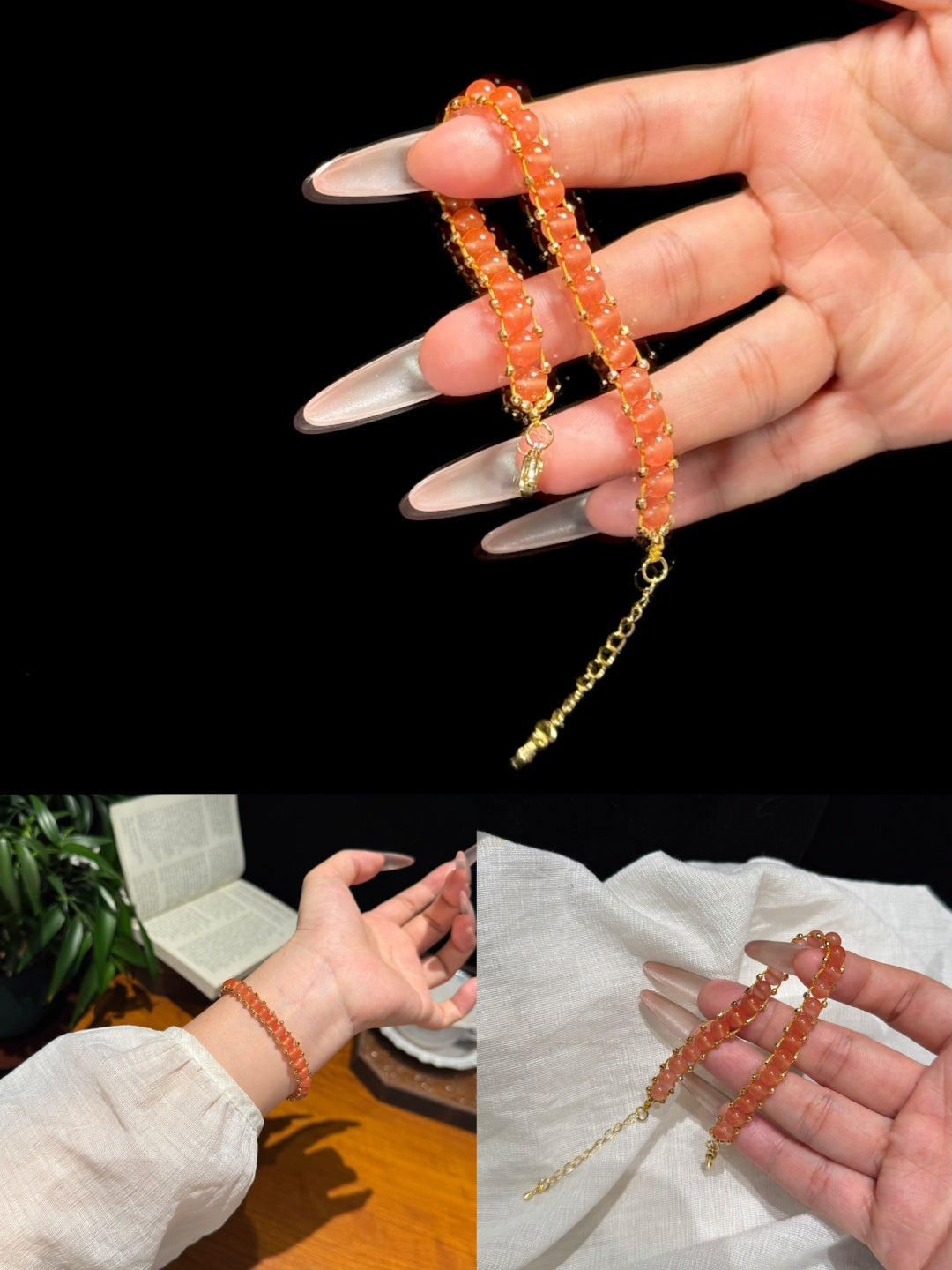 South Red Agate Beaded Bracelet with Gold Accents — A Wish for Good Fortune and Peace
