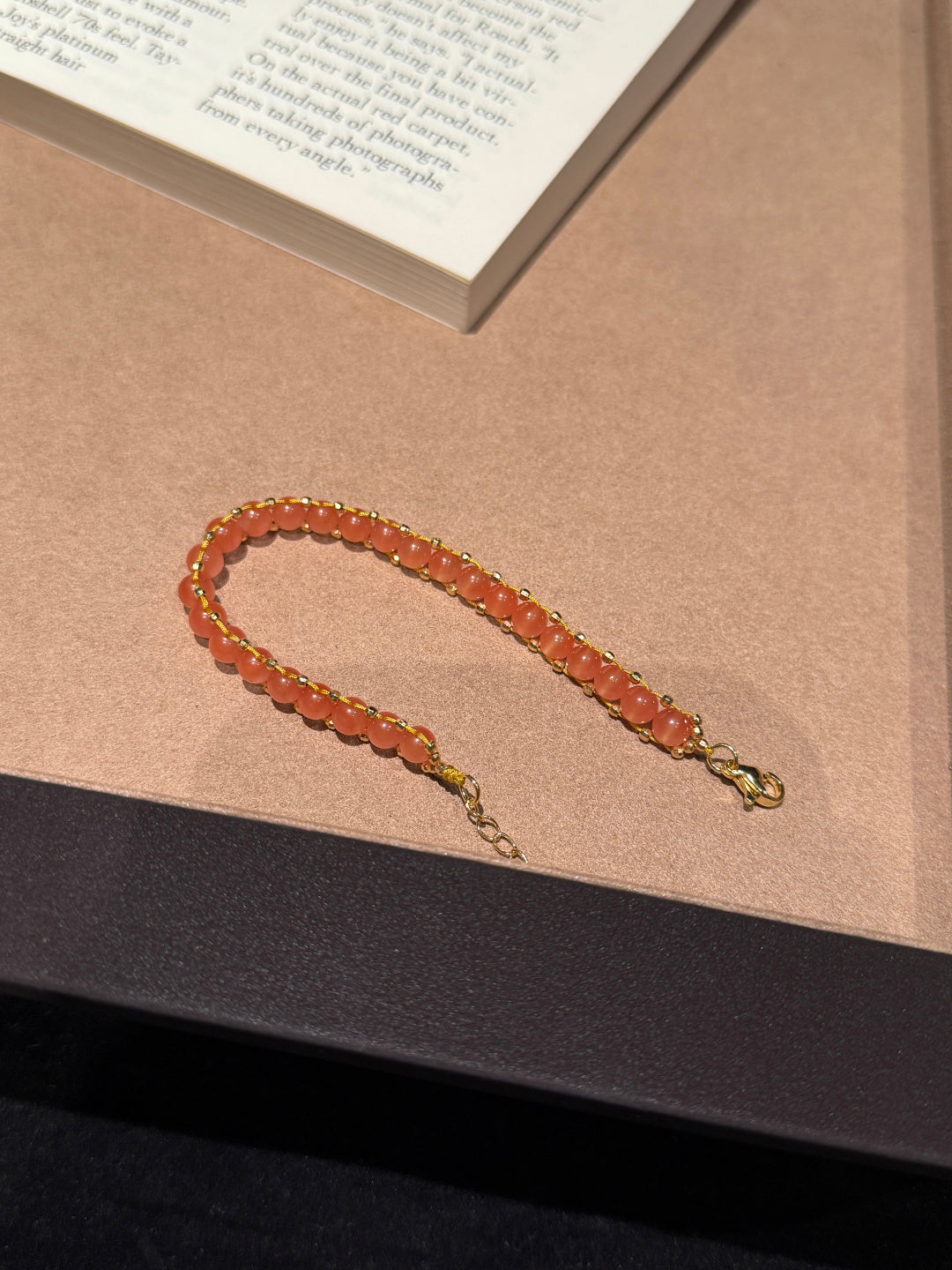 South Red Agate Beaded Bracelet with Gold Accents — A Wish for Good Fortune and Peace