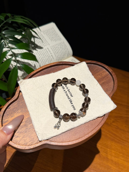 Smoky Quartz Beaded Bracelet with Five-Directive Mantra Wooden Bar — A Wish for Inner Peace and Steadfast Calm