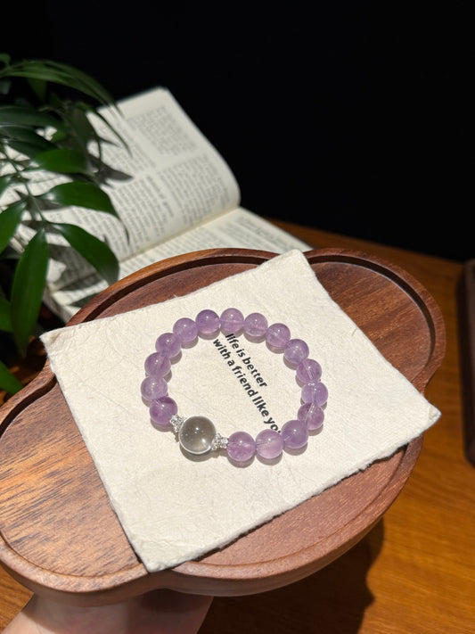 Amethyst Beaded Bracelet with Clear Quartz Focal Bead — A Wish for Serenity and Gentle Healing