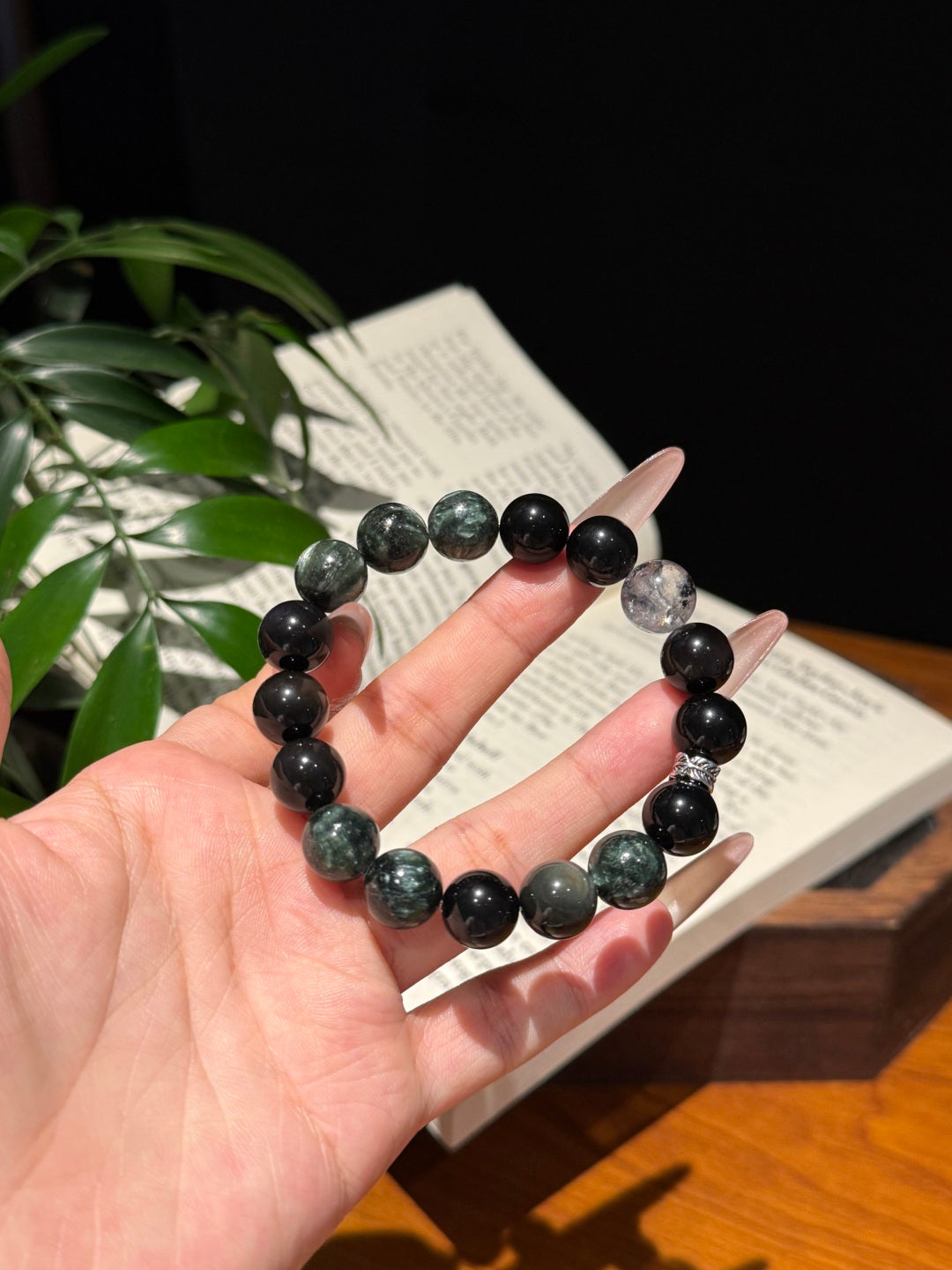 Black Obsidian, Seraphinite &amp; Herkimer Diamond Beaded Bracelet — A Wish for Power and Protection
