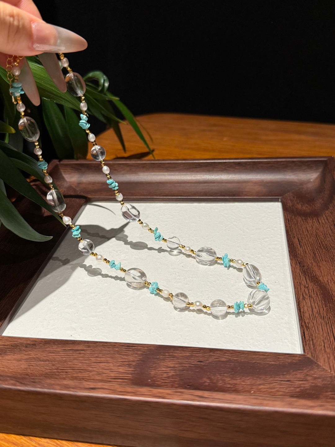 Clear Quartz &amp; Turquoise Beaded Necklace with Gold Accents — A Wish for Clarity and Tranquil Peace
