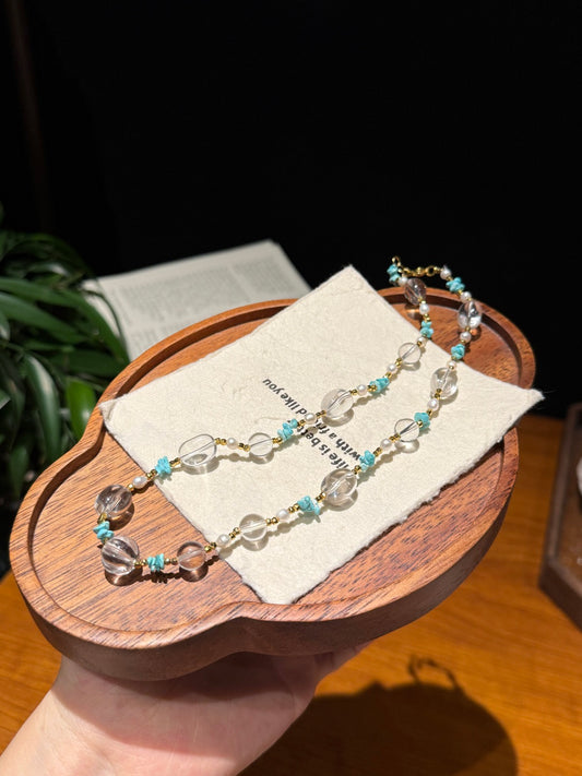 Clear Quartz &amp; Turquoise Beaded Necklace with Gold Accents — A Wish for Clarity and Tranquil Peace