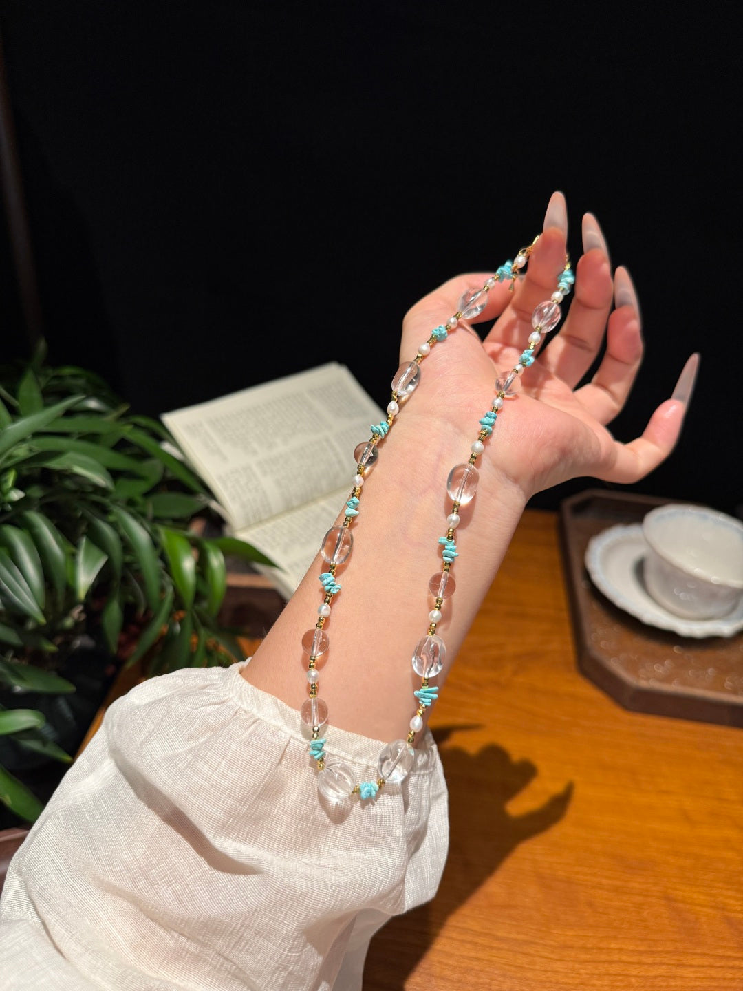 Clear Quartz &amp; Turquoise Beaded Necklace with Gold Accents — A Wish for Clarity and Tranquil Peace