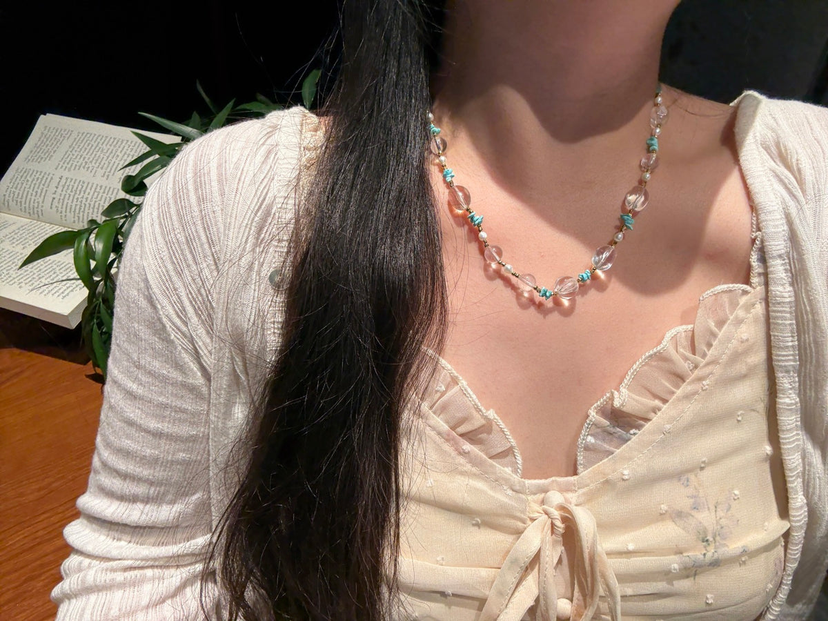 Clear Quartz &amp; Turquoise Beaded Necklace with Gold Accents — A Wish for Clarity and Tranquil Peace