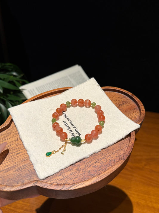 South Red Agate Beaded Bracelet with Jade Gourd &amp; Leaf Charms — A Wish for Blessings and Vitality