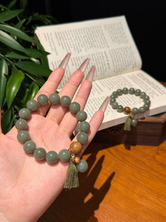 Hetian Jade Beaded Bracelet with Agarwood Accents &amp; Tassel — A Wish for Serenity and Zen Harmony