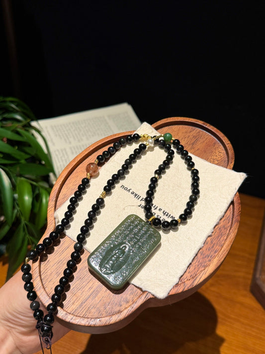 Black Obsidian Mala Necklace with Hetian Jade Heart Sutra Pendant — A Wish for Inner Peace and Spiritual Protection