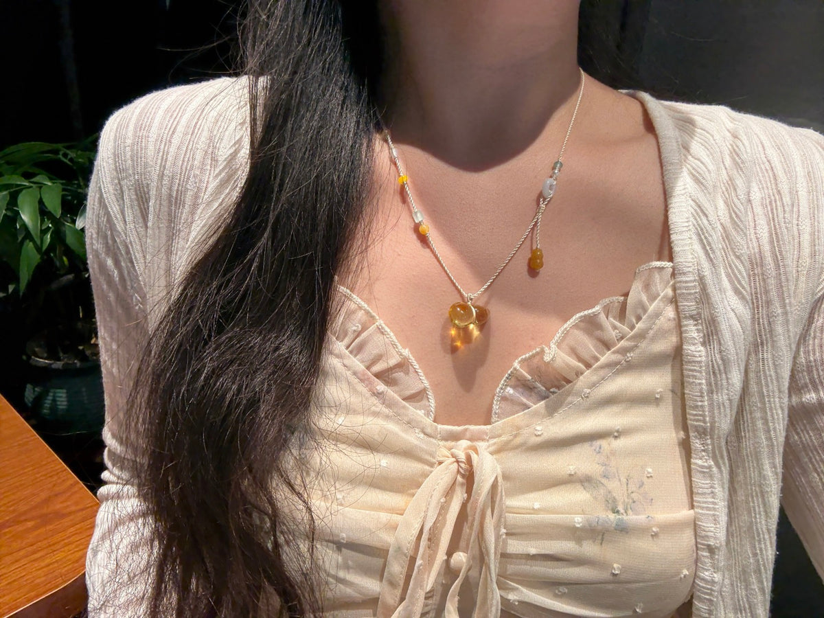 Vintage Amber &amp; Jade Beaded Necklace with Safe Buckle Charm — A Wish for Peace and Timeless Blessings