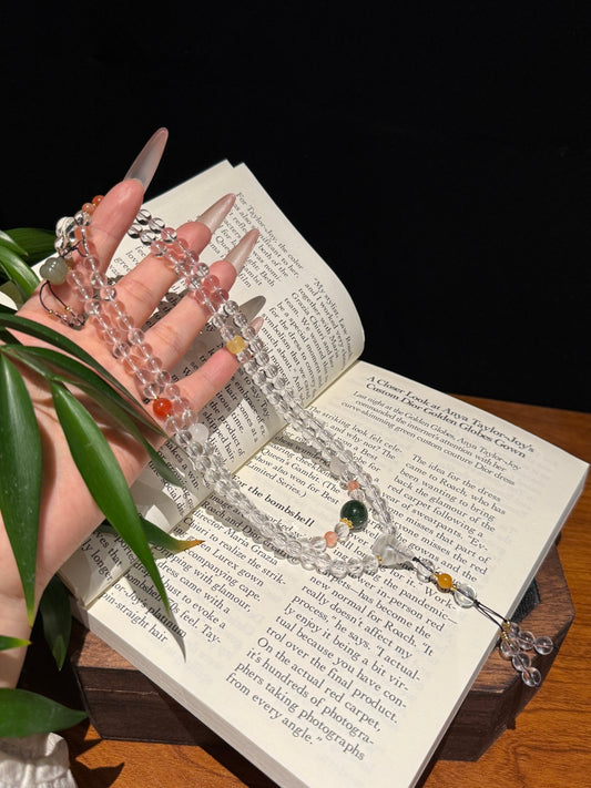 Clear Quartz 108 Mala Necklace with Multi-Gemstone Accents — A Wish for a Clear Mind and Inner Peace