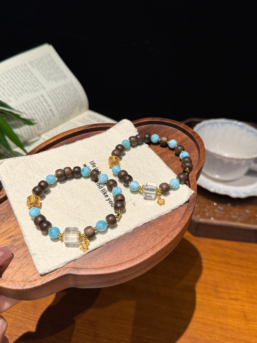 Agarwood, Blue Larimar & Clear Quartz Beaded Bracelet – Nature-Inspired Jewelry