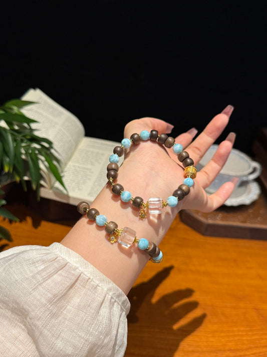 Agarwood, Blue Larimar & Clear Quartz Beaded Bracelet – Nature-Inspired Jewelry