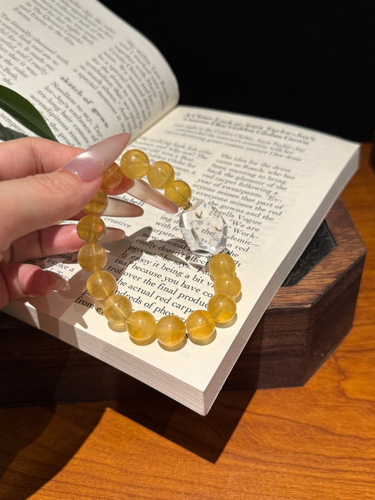 Yellow Fluorite & Clear Quartz Bracelet – Golden Crystal Beads with a Statement Quartz Centerpiece