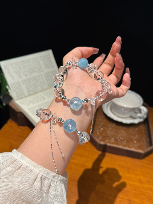 Aquamarine, Clear Quartz &amp; Blue Topaz Beaded Bracelet — A Wish for Ocean Calm and Crystal Clarity