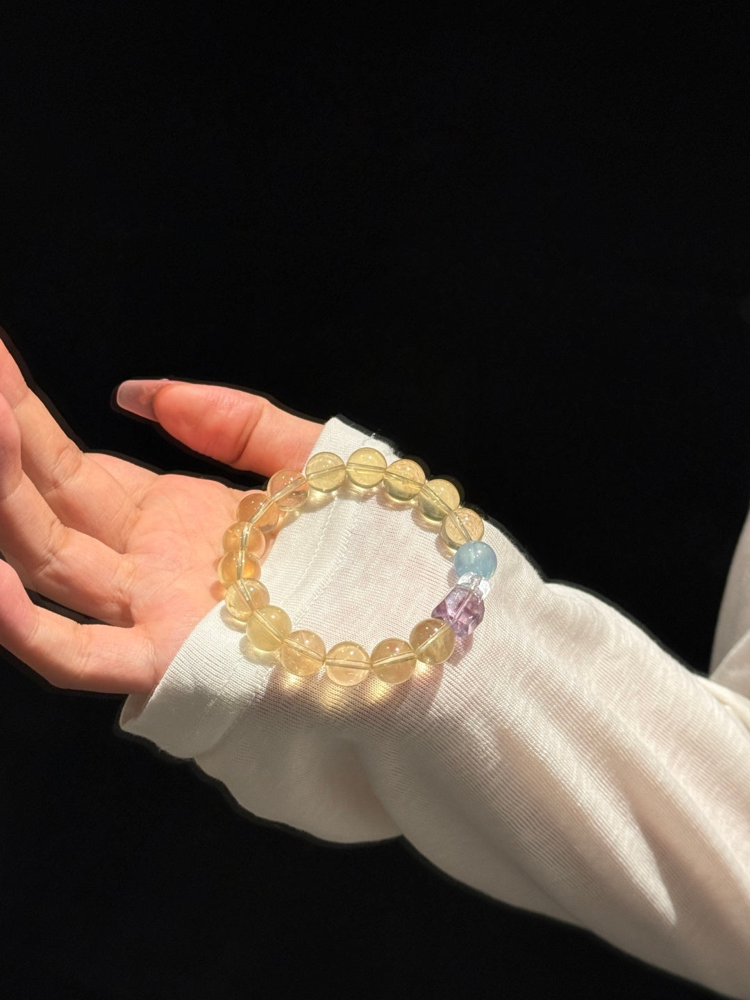 Citrine, Amethyst &amp; Blue Topaz Beaded Bracelet with Clear Quartz — A Wish for Wealth and Inner Peace
