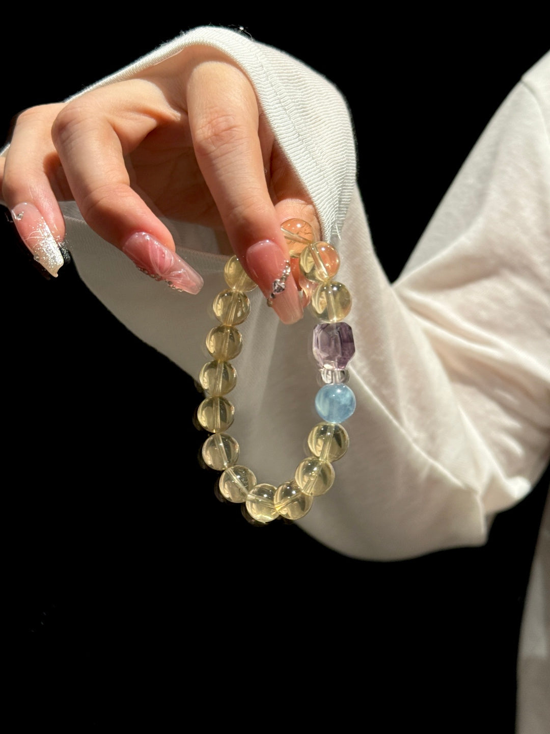 Citrine, Amethyst &amp; Blue Topaz Beaded Bracelet with Clear Quartz — A Wish for Wealth and Inner Peace
