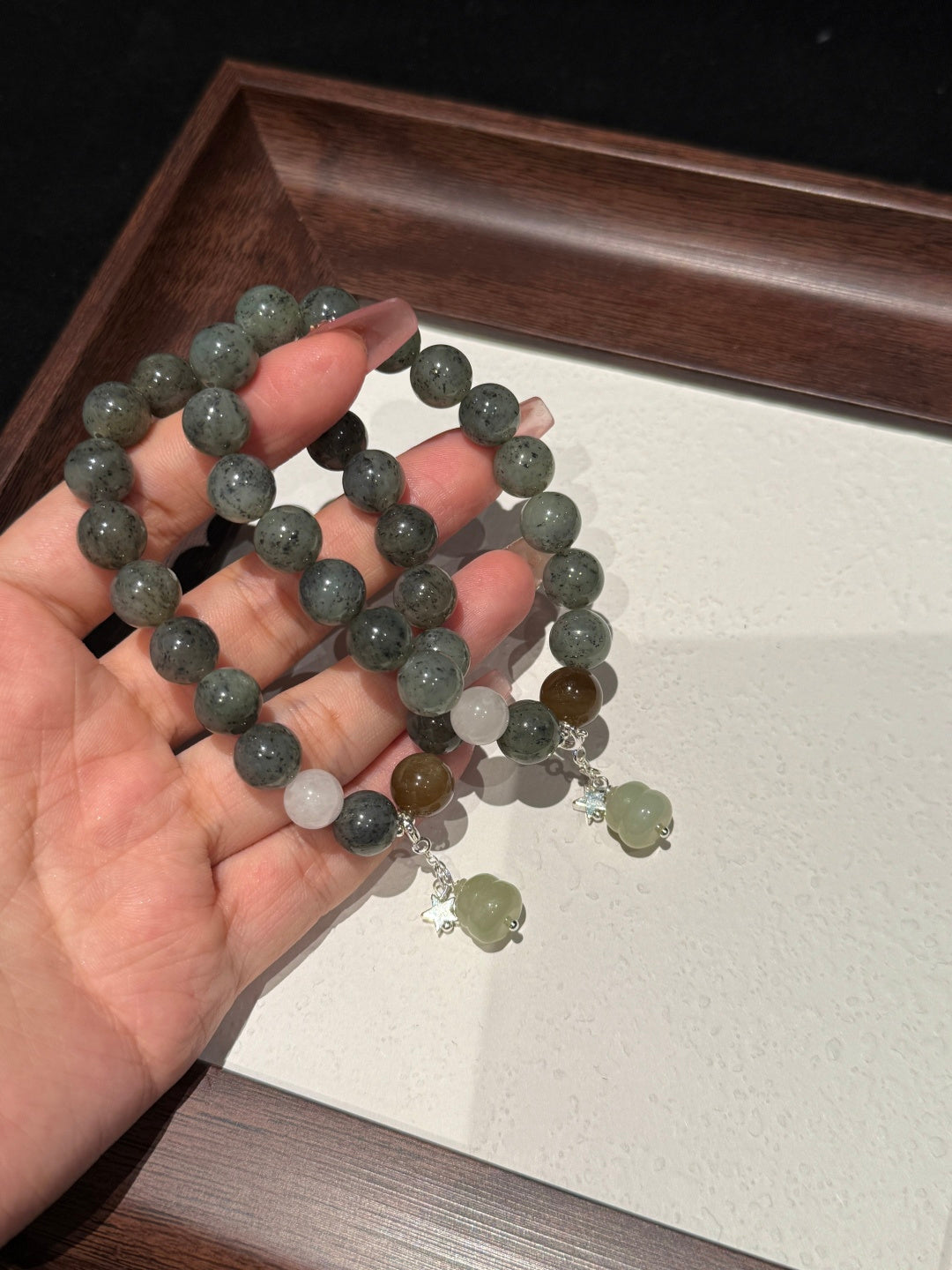 Blue-and-White Hetian Jade Beaded Bracelet with Sugar Jade &amp; Gourd Charm — A Wish for Peace and Prosperity