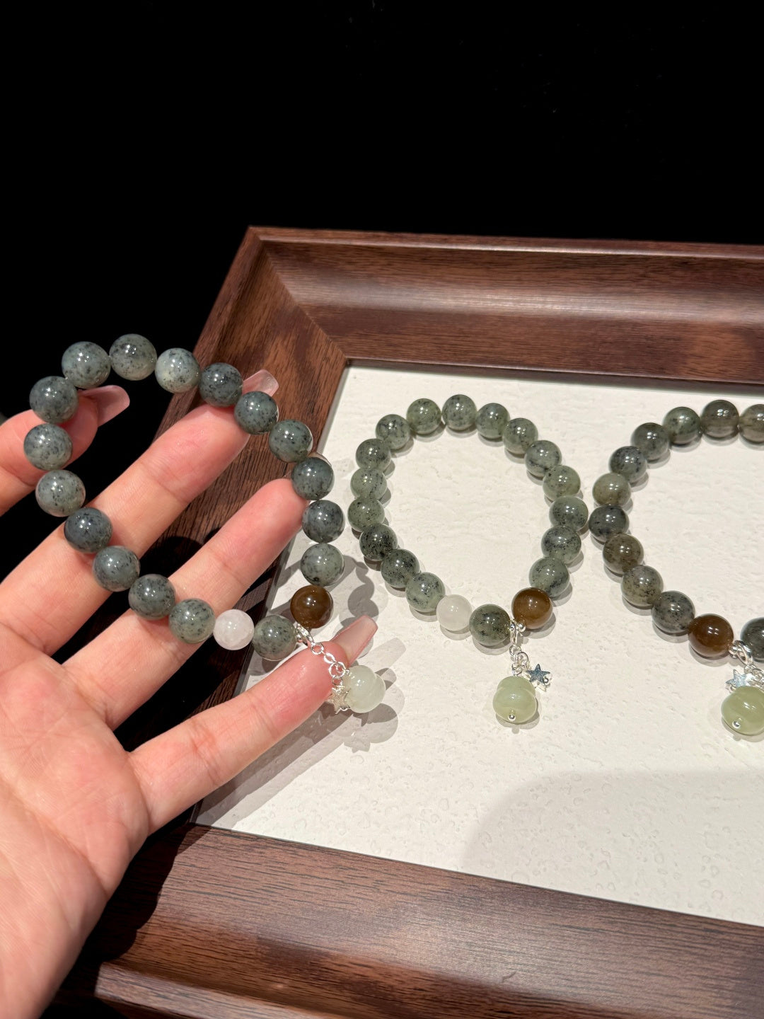 Blue-and-White Hetian Jade Beaded Bracelet with Sugar Jade &amp; Gourd Charm — A Wish for Peace and Prosperity
