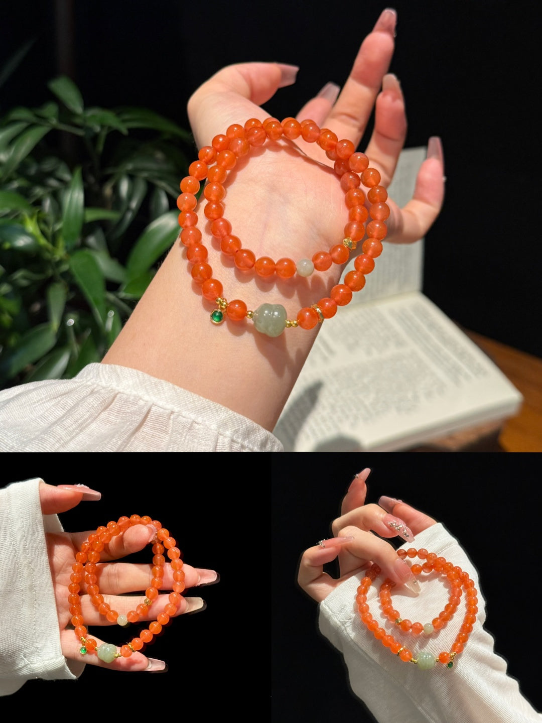 South Red Agate Multi-Strand Bracelet with Hetian Jade &amp; Jadeite Gourd — A Wish for Peace and Blessings