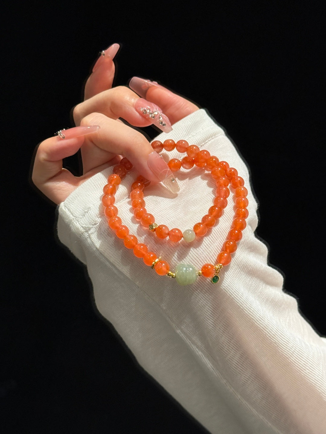 South Red Agate Multi-Strand Bracelet with Hetian Jade &amp; Jadeite Gourd — A Wish for Peace and Blessings