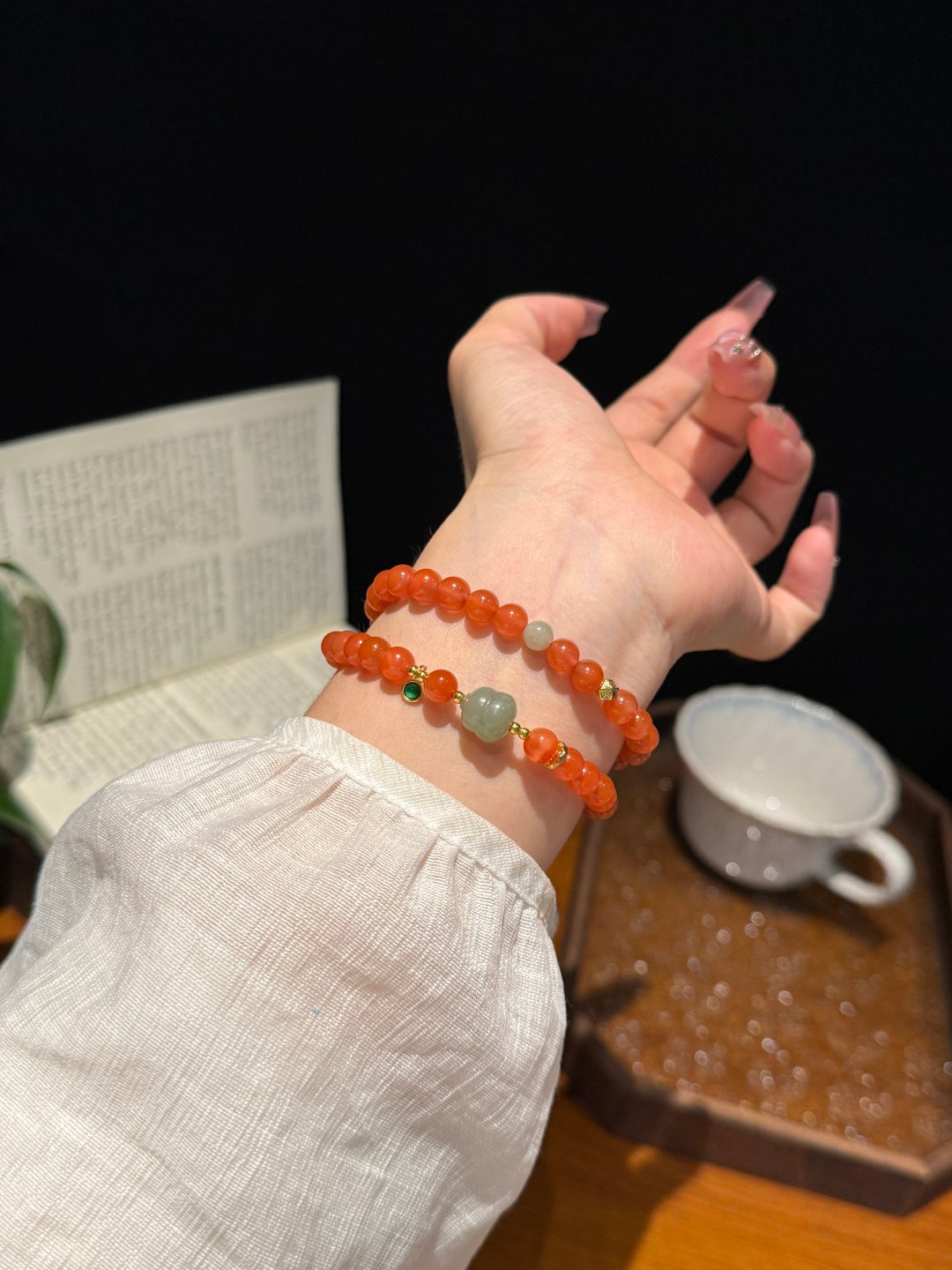 South Red Agate Multi-Strand Bracelet with Hetian Jade &amp; Jadeite Gourd — A Wish for Peace and Blessings