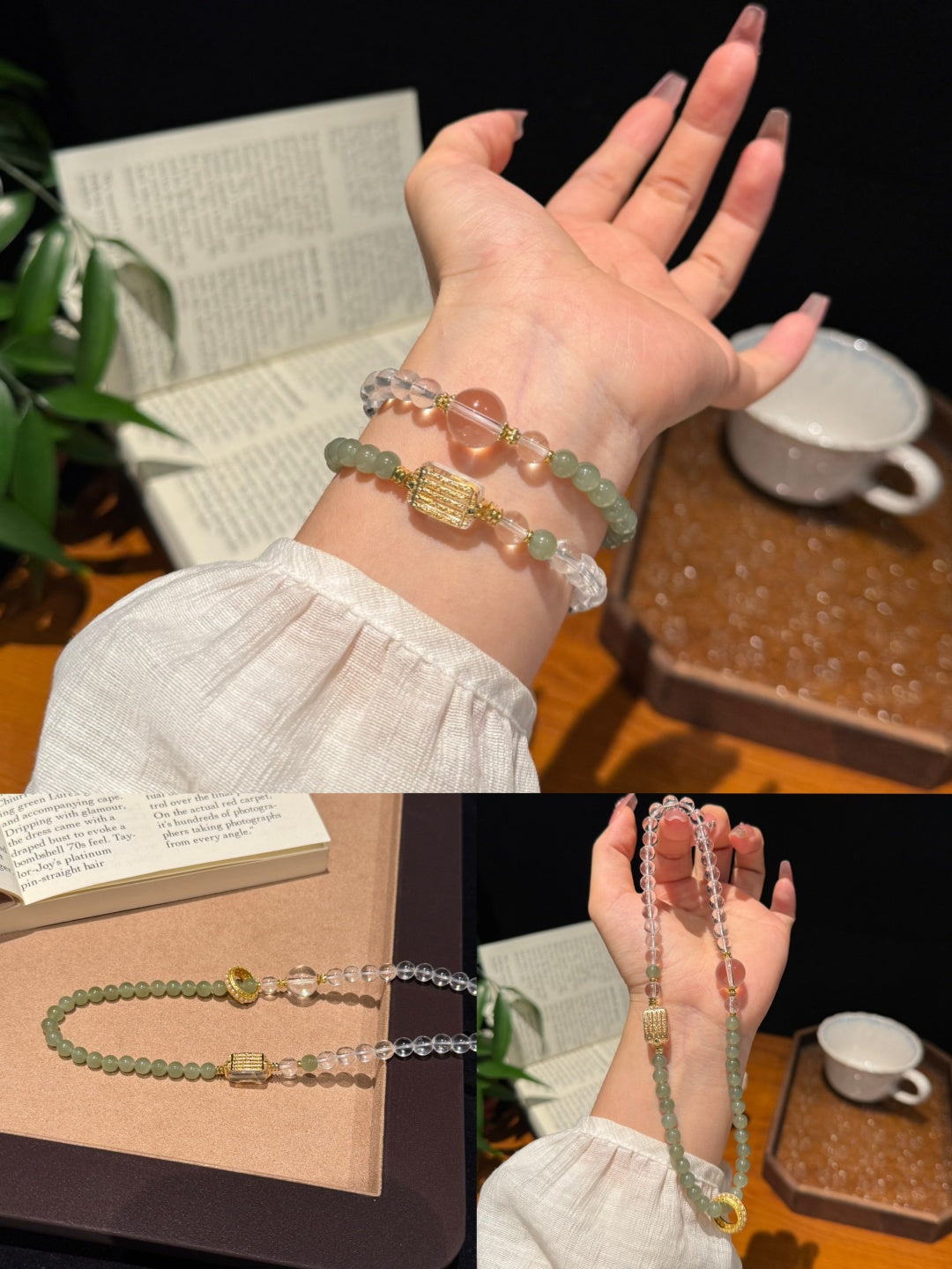 Clear Quartz &amp; Hetian Jade Multi-Strand Bracelet with Five-Directive Mantra — A Wish for Clarity and Inner Peace