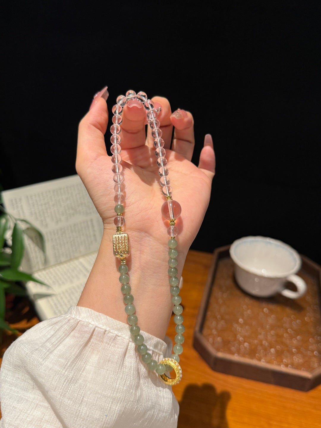 Clear Quartz &amp; Hetian Jade Multi-Strand Bracelet with Five-Directive Mantra — A Wish for Clarity and Inner Peace