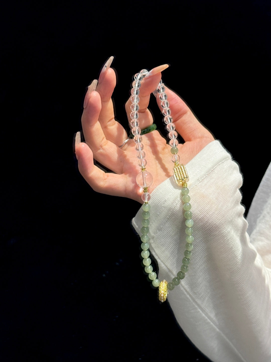 Clear Quartz &amp; Hetian Jade Multi-Strand Bracelet with Five-Directive Mantra — A Wish for Clarity and Inner Peace