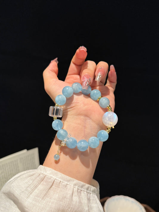 Aquamarine &amp; Moonstone Beaded Bracelet with Clear Quartz — A Wish for Ocean Calm and Gentle Light