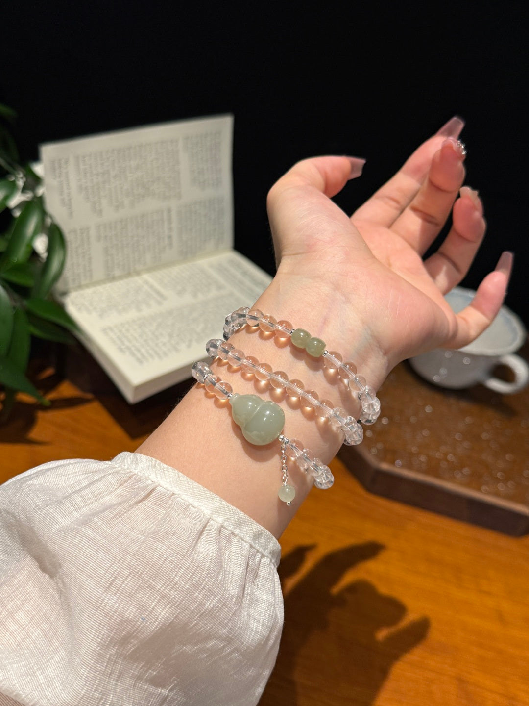 Multi-Wrap Clear Quartz Bracelet with Jade Gourd Charm – Elegant Crystal Jewelry