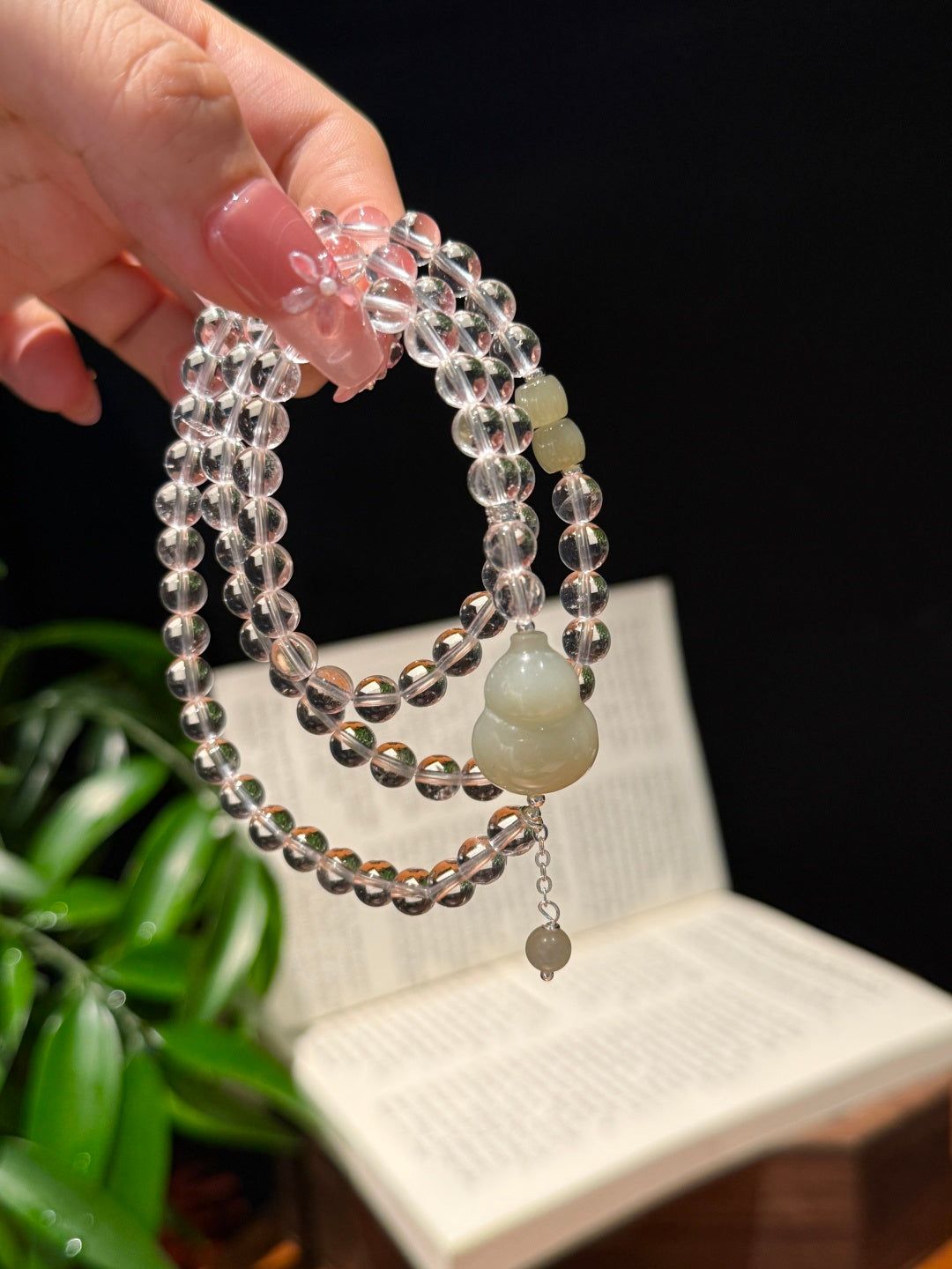 Multi-Wrap Clear Quartz Bracelet with Jade Gourd Charm – Elegant Crystal Jewelry