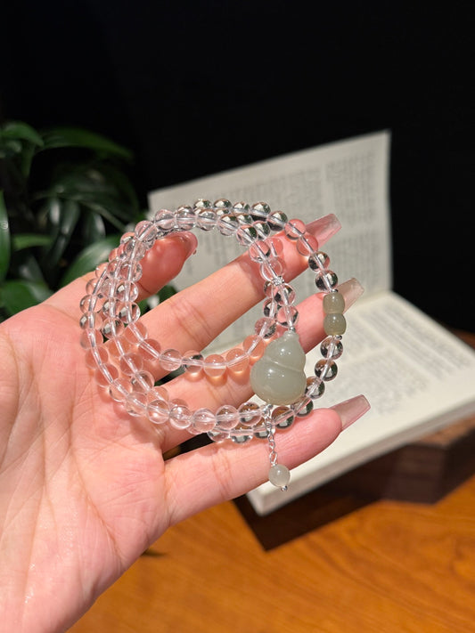 Multi-Wrap Clear Quartz Bracelet with Jade Gourd Charm – Elegant Crystal Jewelry