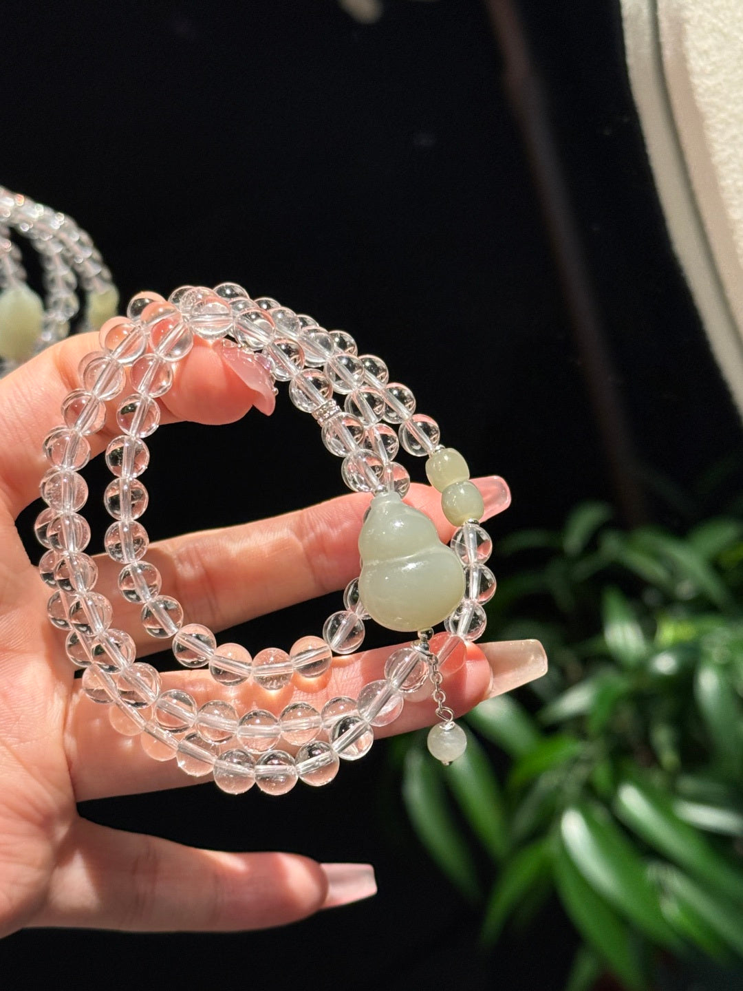 Multi-Wrap Clear Quartz Bracelet with Jade Gourd Charm – Elegant Crystal Jewelry
