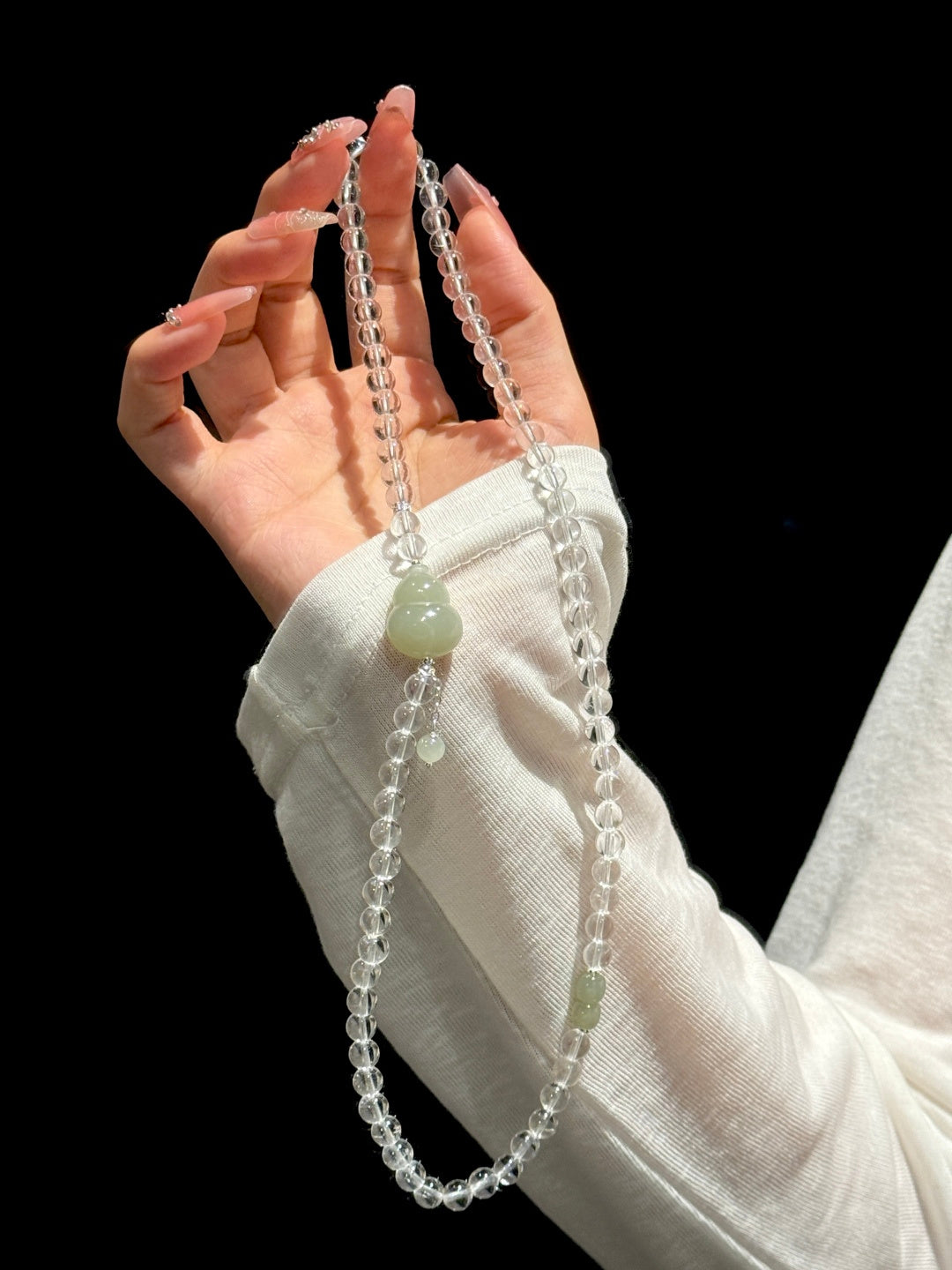Multi-Wrap Clear Quartz Bracelet with Jade Gourd Charm – Elegant Crystal Jewelry