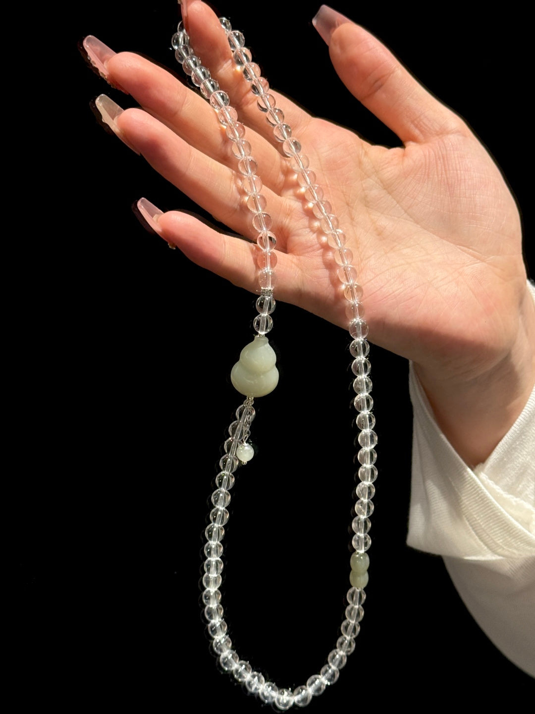 Multi-Wrap Clear Quartz Bracelet with Jade Gourd Charm – Elegant Crystal Jewelry
