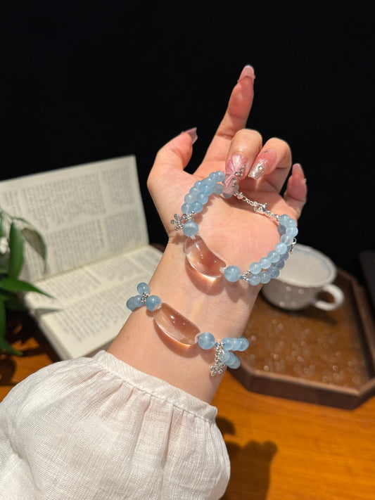 Aquamarine Double-Layer Beaded Bracelet with Clear Quartz and Silver Butterfly — A Wish for Ocean Calm and Peace