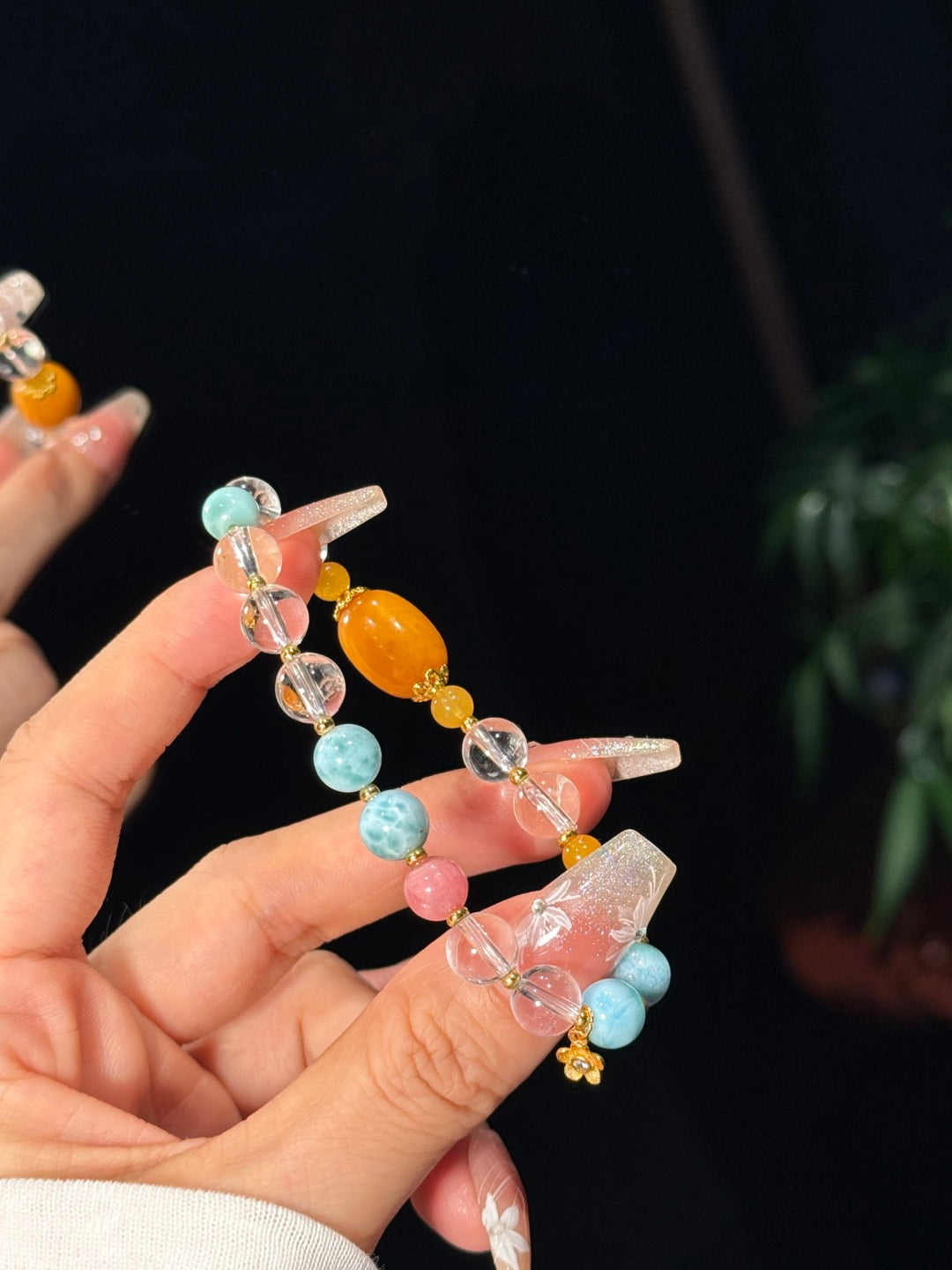 Larimar & Clear Quartz Beaded Bracelet with Vintage Amber and Rhodochrosite — A Wish for Ocean Calm and Inner Peace