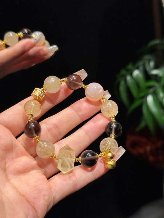 Gold Rutilated Quartz & Ice Obsidian Multi-Gemstone Bracelet with Citrine and Cherry Blossom Agate — A Wish for Wealth and Stability