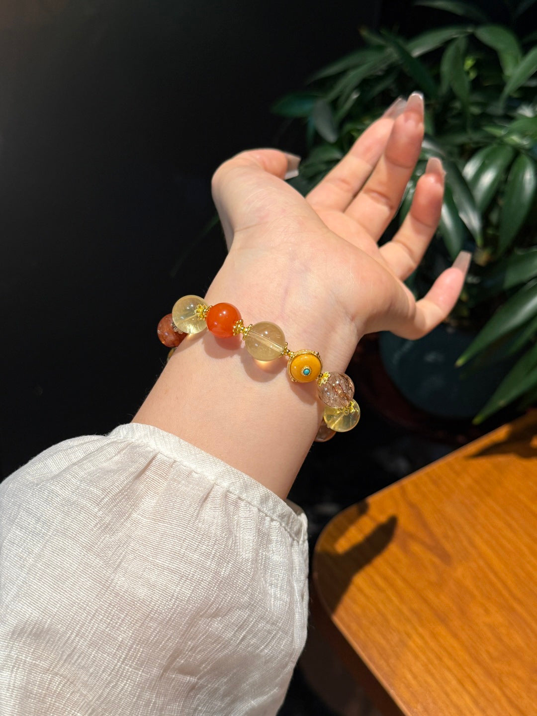 Citrine & South Red Agate Statement Bracelet with Vintage Amber and Black Gold Super Seven — A Wish for Wealth and Vitality
