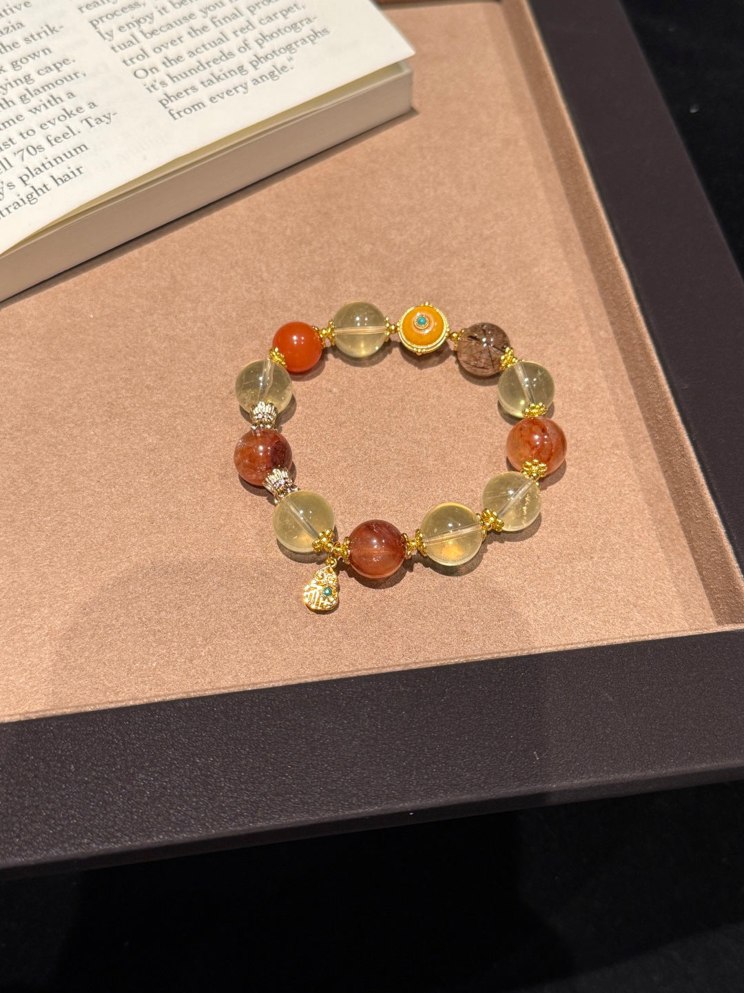 Citrine & South Red Agate Statement Bracelet with Vintage Amber and Black Gold Super Seven — A Wish for Wealth and Vitality