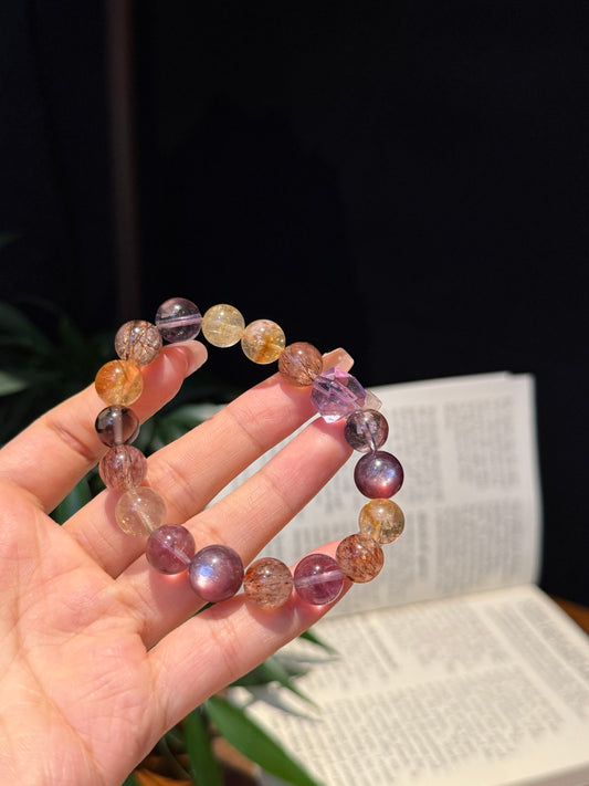 Amethyst & Black Gold Super Seven Beaded Bracelet with Gold Rutilated Quartz — A Wish for Confidence and Abundance