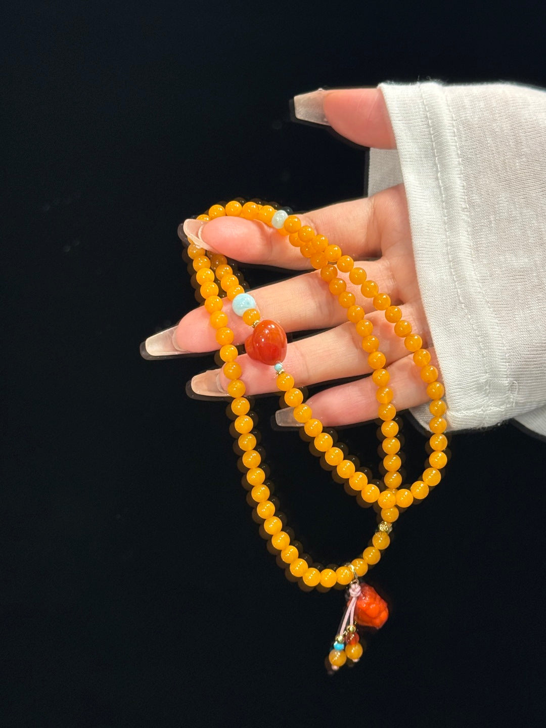 Natural Vintage Amber Wrap Bracelet with South Red Agate & Turquoise — A Wish for Lasting Fortune and Love