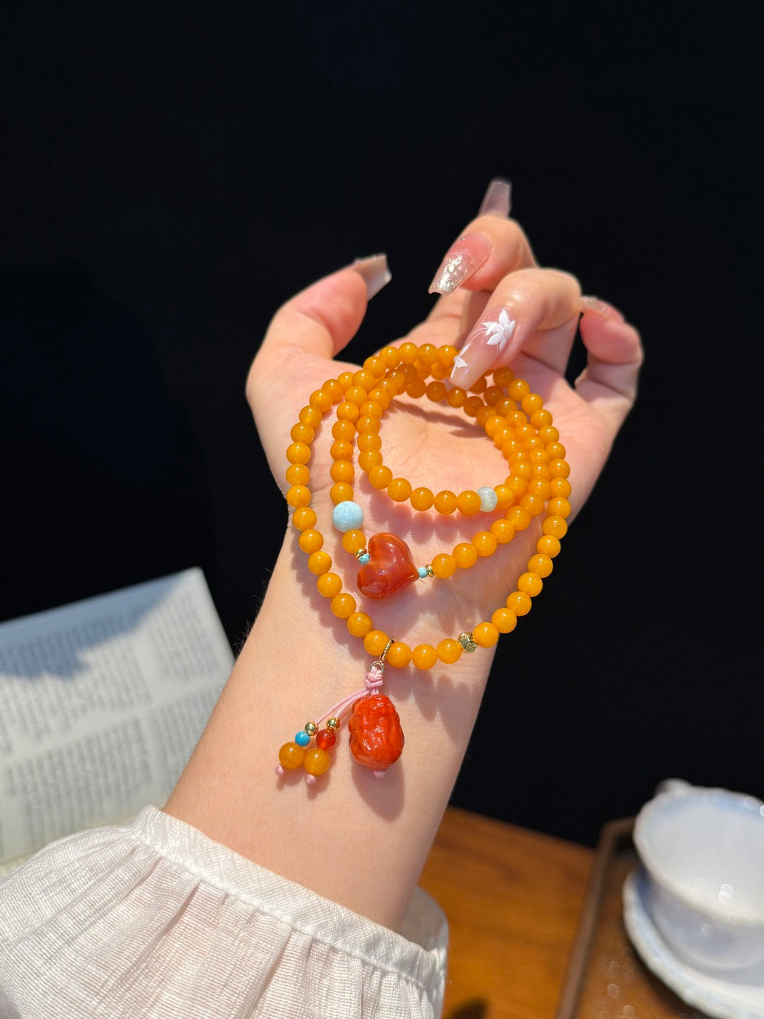 Natural Vintage Amber Wrap Bracelet with South Red Agate & Turquoise — A Wish for Lasting Fortune and Love