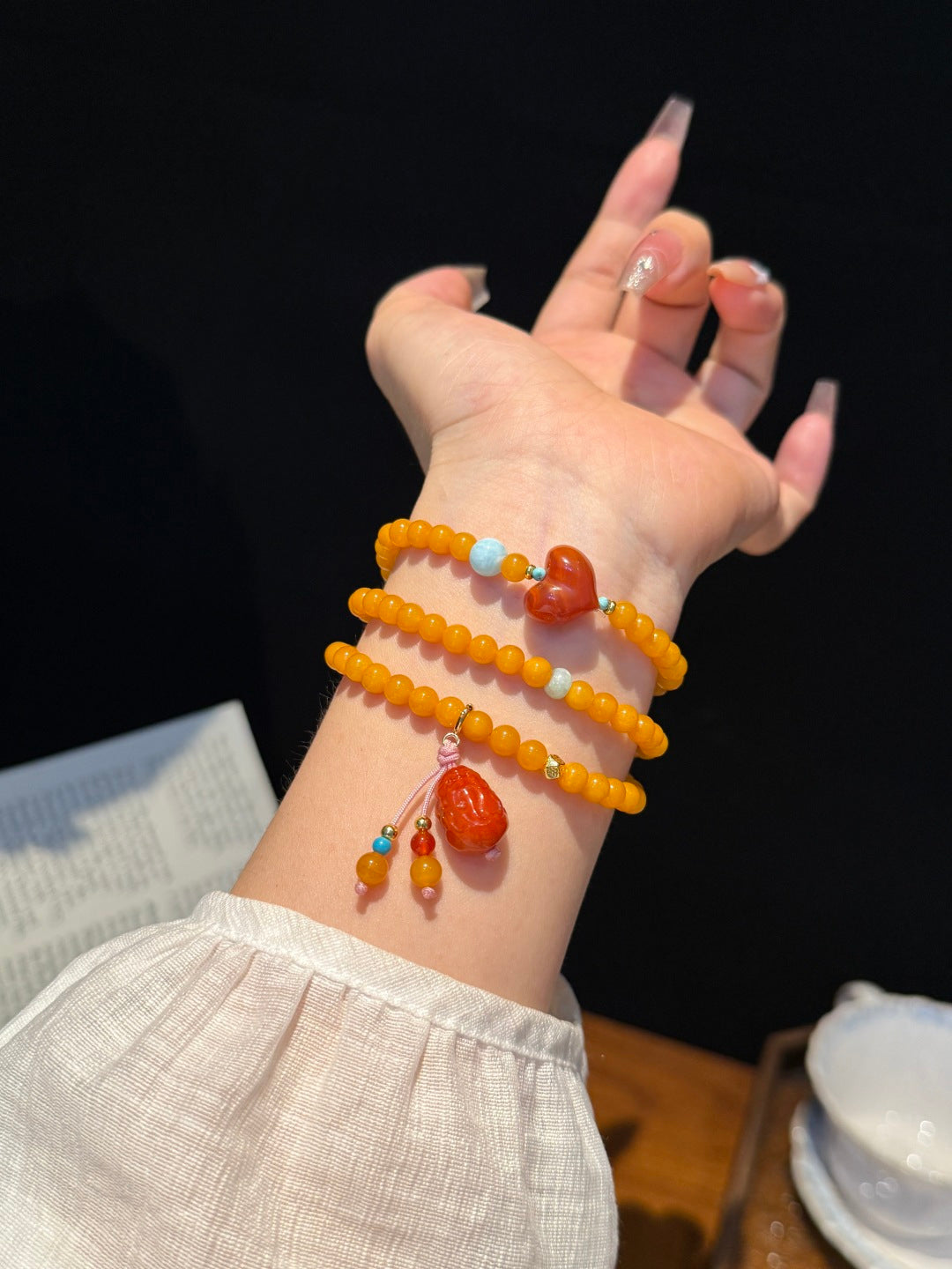 Natural Vintage Amber Wrap Bracelet with South Red Agate & Turquoise — A Wish for Lasting Fortune and Love
